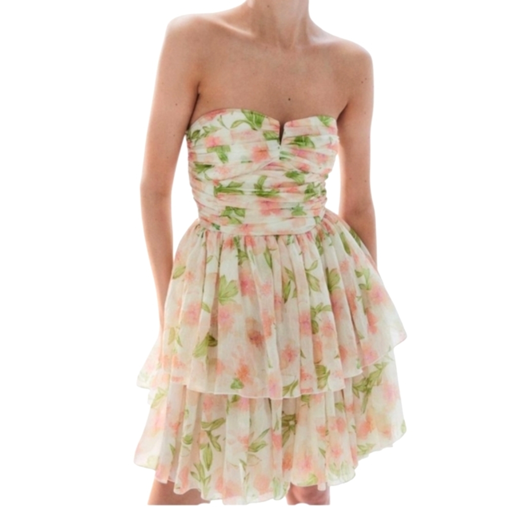 Nwot H&M Strapless Ivory/ Pink Floral Blossoms Party Dress